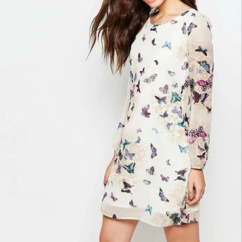 Yumi Beige Tan Butterfly Print Long Sleeve Sheer Summer Dress, Size US 0-2 NWOT